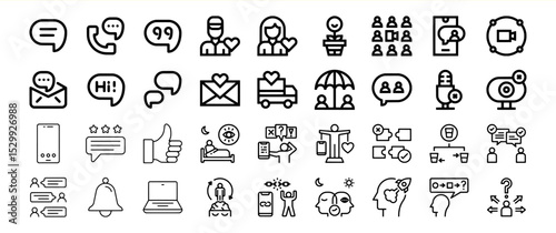 A collection of diverse communication and interaction icons, depicting various methods of messaging, feedback, and social interaction.
