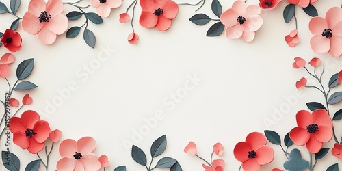 Floral frame with red and pink papercut flowers on light background