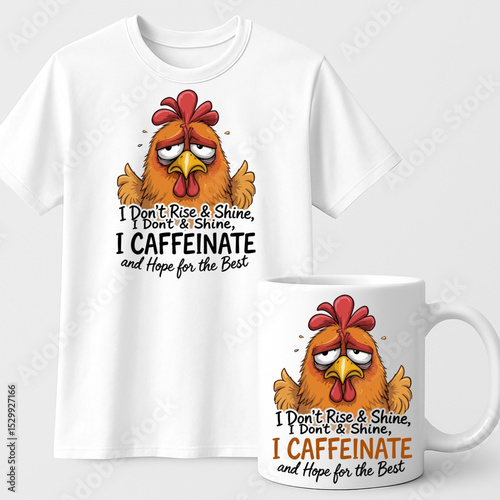I Don’t Rise & Shine I Caffeinate Funny Rooster Chicken Coffee Lover Design – T-Shirt and Mug