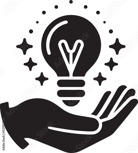 A simple hand holding a bulb black silhouette design illustration art.