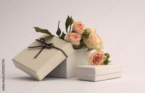 Craft white gift box with beige cream rose flower bouquet on gray neutral background. Minimal empty pedestal podium for product  presentation scene.