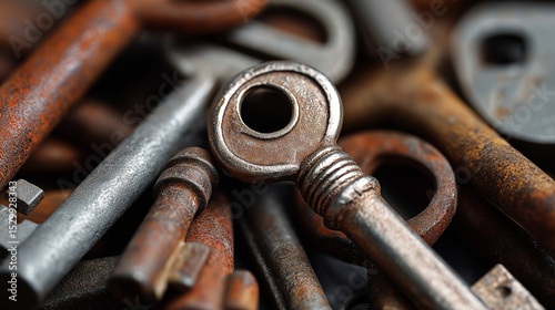 Ancient Keys: A close-up photograph captures a captivating collection of vintage keys, each bearing unique details of its past. The textures, tones, and intricate designs tell stories of bygone eras.