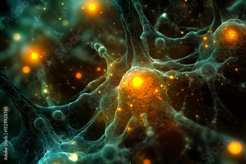 Complex network of interconnected neurons firing and exchanging information, creating a vibrant display of energy bursts