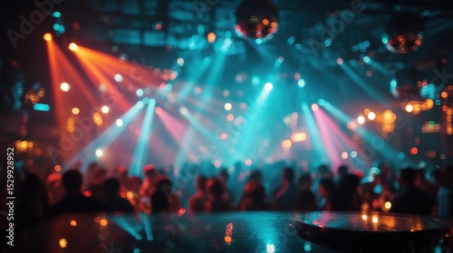 A lively club atmosphere features a dense crowd dancing under vibrant blue and orange lights. Reflections from disco balls add to the energetic scene during a late-night party.
