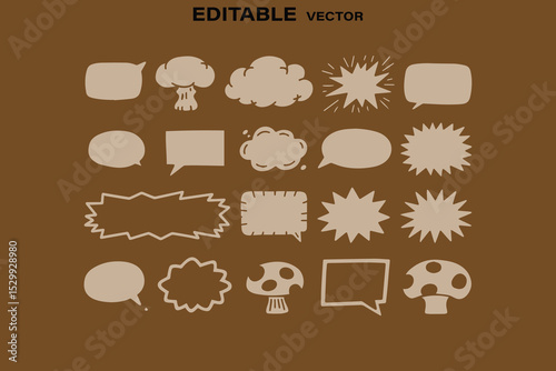 Hand Drawn Speech Bubbles Clouds and Mushrooms on a Brown Background Editable Vector Format