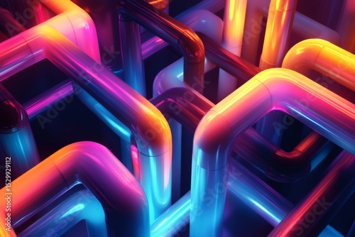 Colorful interconnected pipes glowing with neon light, creating an abstract maze like structure