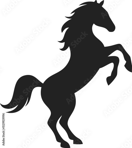 Silhouette of Rearing Horse in Solid Black with Flowing Mane – Bold Vector Illustration on White Background Representing Power, Freedom, and Grace for Logos, Posters, and Graphic Designs