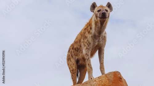 Close-up portrait of a wild giraffe in nature, observing a dangerous spotted hyena, a ferocious hunter of the Serengeti wilderness
