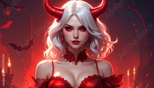 Female demon in red dress, horns, fire
