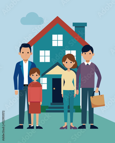 A family standing in front of a home with a Foreclosure sign depicting the impact of the recession on the housing market.. Vector illustration