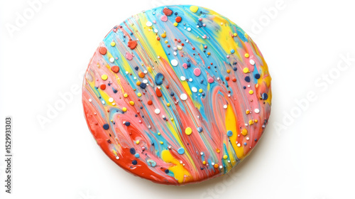 A top-down view of a multicolored glazed birthday cake set against a white background. 