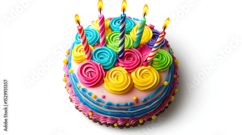 A top-down view of a multicolored glazed birthday cake set against a white background. 