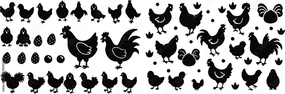 Fototapeta premium Rustic Farmhouse Chickens – Charming Chicken Illustrations in Various Poses and Sizes