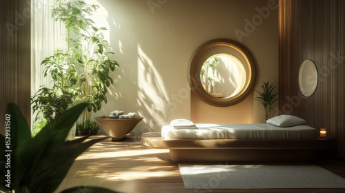 A tranquil, unoccupied massage room inside a spa facility. 