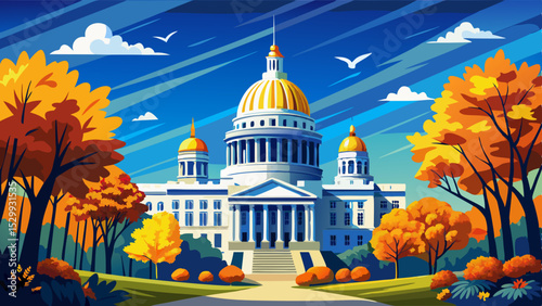Scenic view of Wisconsin State Capitol building with blue sky and autumn trees in Madison, Wisconsin Very beautiful