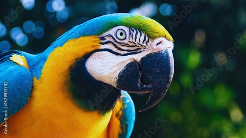 A vibrant blue and yellow macaw, also known as a blue and gold macaw or Ara ararauna, is a striking tropical bird with colorful feathers, a powerful beak, and an exotic appearance