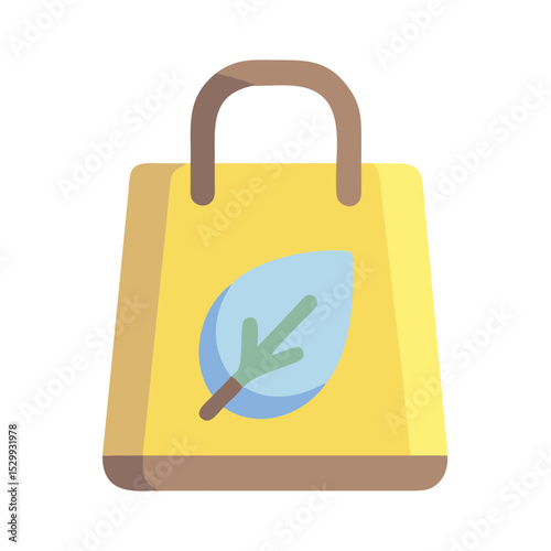 Yellow eco bag with blue leaf icon in flat modern style