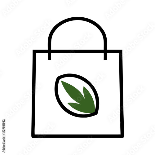 Minimalist shopping bag with green leaf emblem in flat outline style