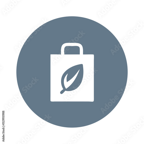 Eco shopping bag icon with white leaf on blue circle background