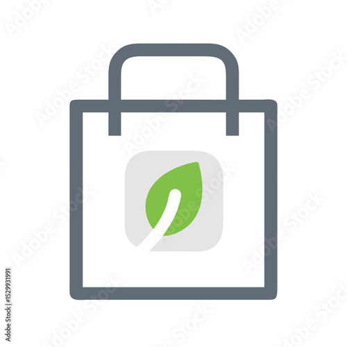 Modern shopping bag with soft green leaf badge in flat style