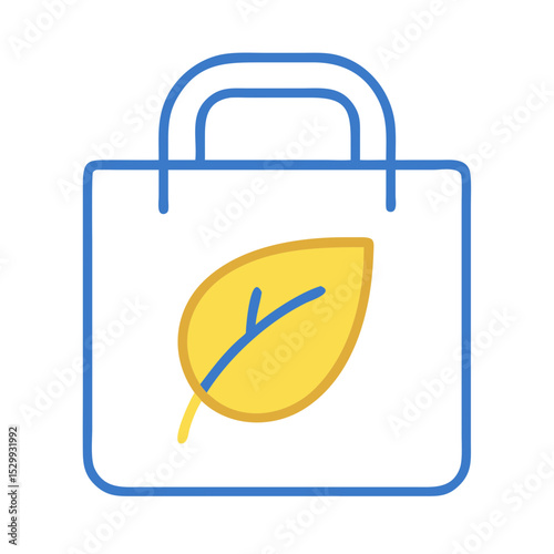 Blue shopping bag with yellow leaf icon in flat modern vector style