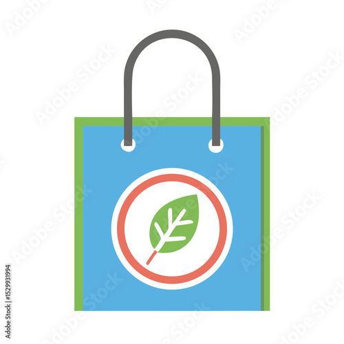 Blue shopping bag with circular leaf emblem in flat eco-friendly style