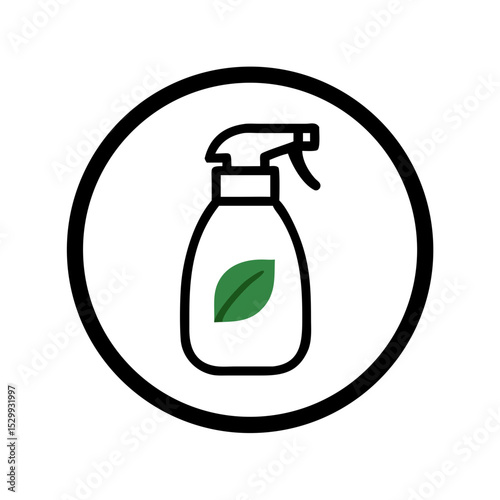 Eco spray bottle icon with leaf symbol in circular outline