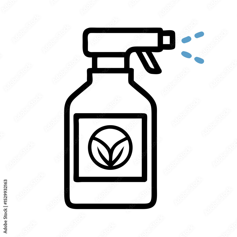 Obraz premium Spray bottle icon with spraying dots and circular eco leaf label