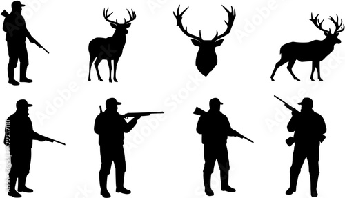Vector silhouettes of an adult male hunting big game. He's holding a rifle and could be hunting deer, elk, bear, moose, coyote, cougar etc.
