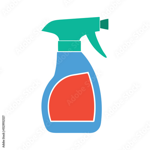 Blue spray bottle with red label and green nozzle in flat style