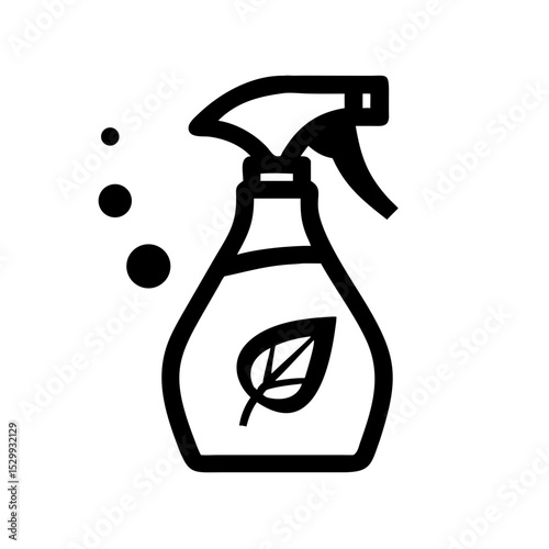 Spray bottle with leaf symbol and bubbles in black and white style