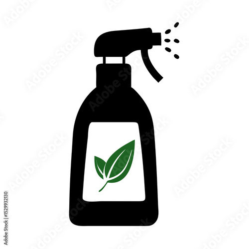 Black spray bottle with green leaf label in flat vector style