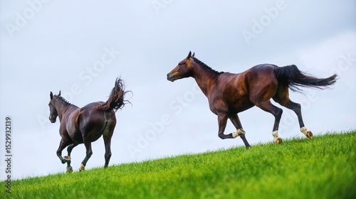 Two brown horses, a mare and foal, grazing in a green summer meadow