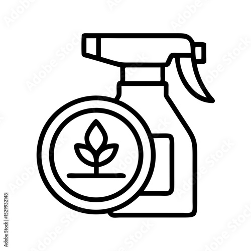 Spray bottle with circular plant badge in outline flat vector style
