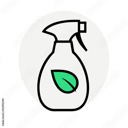 Black and white spray bottle with green leaf in minimalist flat style