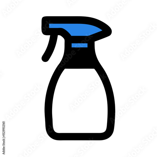 Black spray bottle with blue nozzle in flat outline style