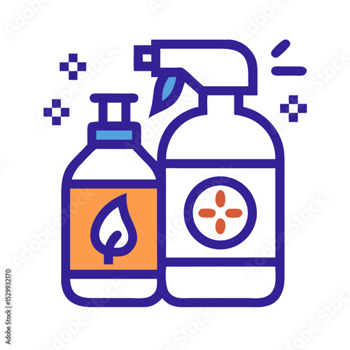 Colorful cleaning product spray bottles with organic symbols