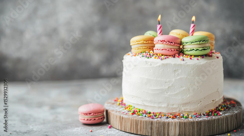 A white birthday cake and colorful macarons are elegantly arranged on a soft grey background for a festive celebration.