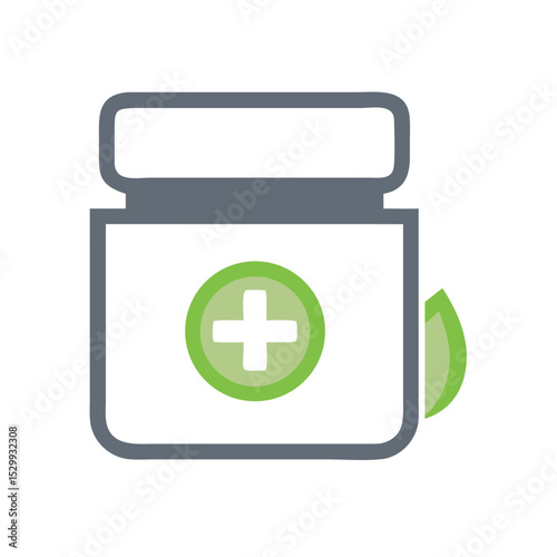 Medical cream jar with green cross and leaf in flat style