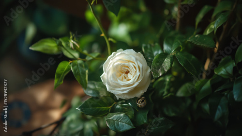 A white rose bouquet and wedding rings rest on natural greenery, captured in a serene outdoor scene. 