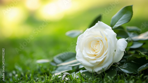 A white rose bouquet and wedding rings rest on natural greenery, captured in a serene outdoor scene. 