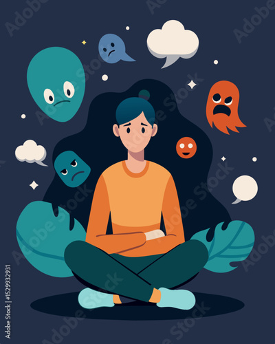 Even in moments of peace and quiet the person still heard the echoes of negative comments and phrases a constant reminder of their perceived shortcomings.. Vector illustration