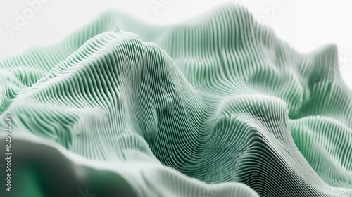 3d abstract flowing wave with pixelated vertical ridges in green and white tones