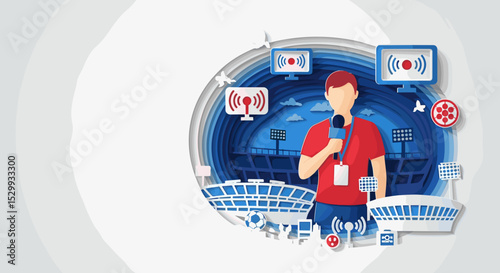 Sports journalist reporting live in stadium during international event  