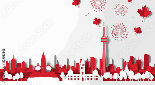 Canada Day celebration skyline with fireworks and maple leaves