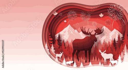 Moose silhouette with mountains and fireworks in festive red design  