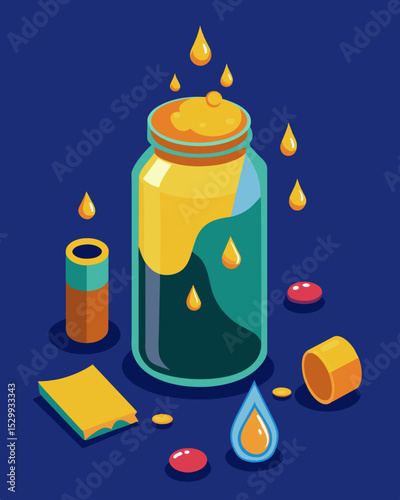 A jar with a few drops of oil left surrounded by empty and discarded containers.. Vector illustration