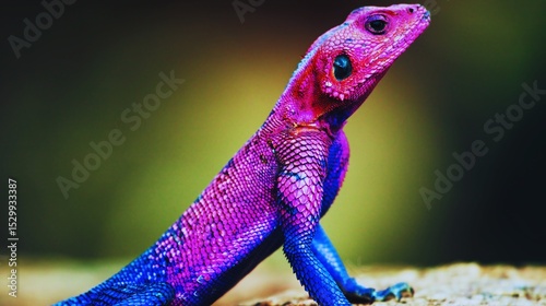 Colorful reptiles like a chameleon or bearded dragon perched on a branch, rock, or wooden background showcase their wild scales and captivating eyes in nature