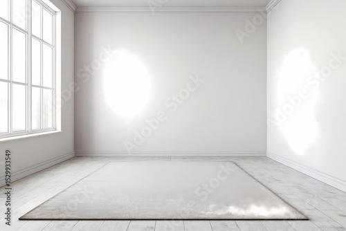 Wallpaper Mural A minimalist living room featuring a single beige rug in the center of the room. The surrounding area is completely empty, emphasizing clean, open floor space and natural light Torontodigital.ca