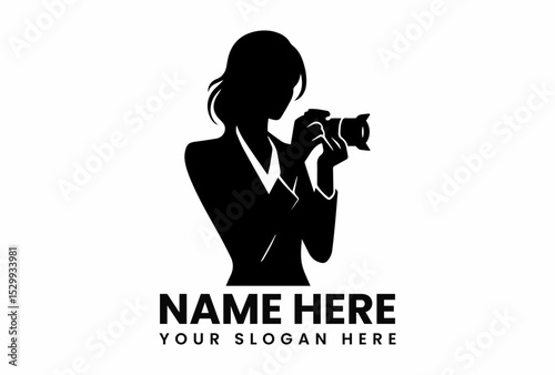 Professional female silhouette in a suit holding a camera, representing a photographer or visual artist. Photography concept